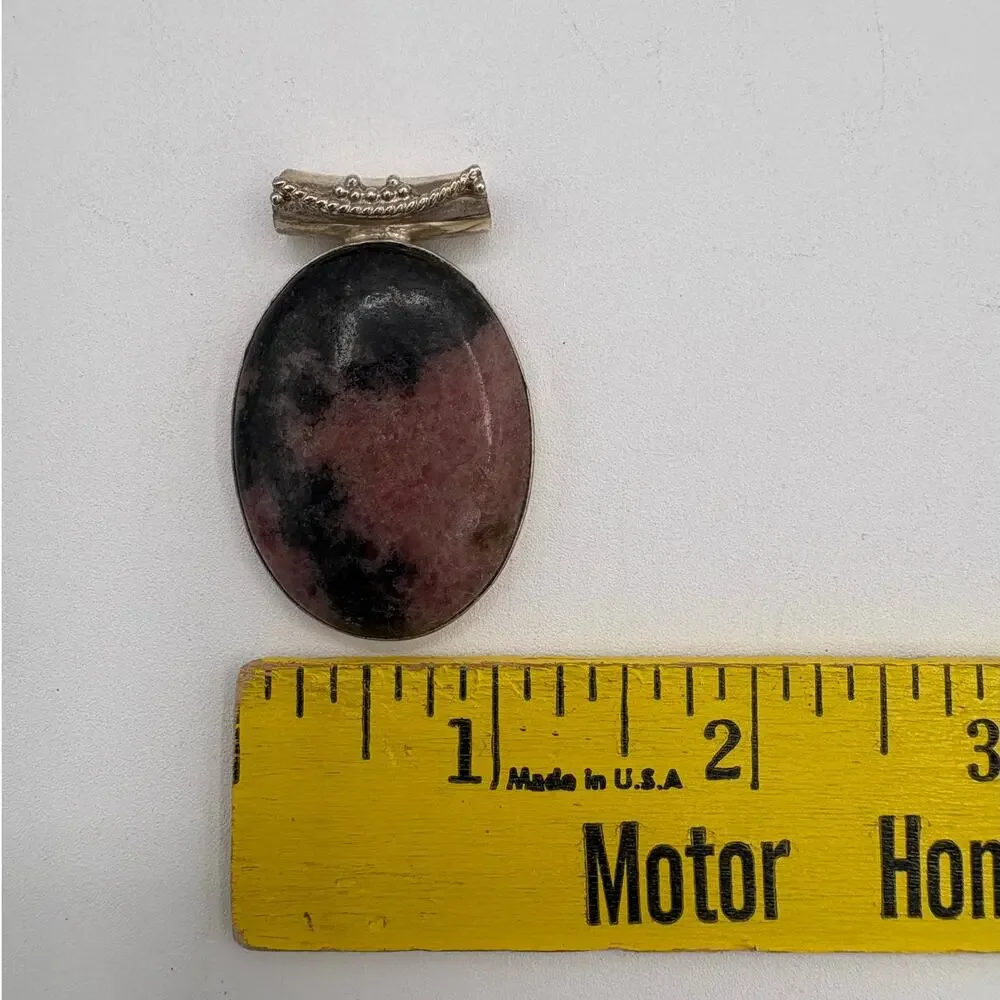 Rhodanite Pink & Black Stone Pendant in Sterling Silver Slide Setting